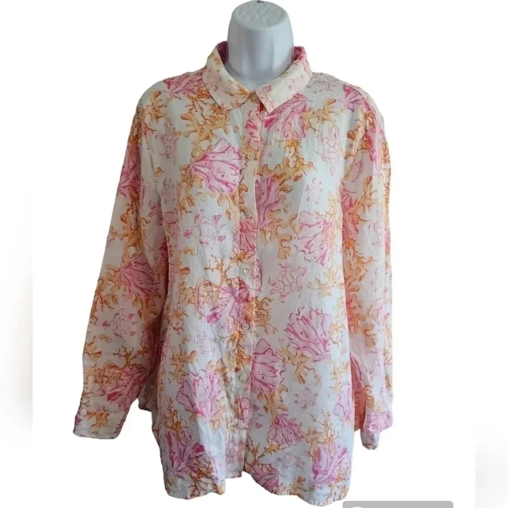 J. Jill Women M Love Linen Blouse Pink Orange Coral Print Pristine Investment - Picture 2 of 7